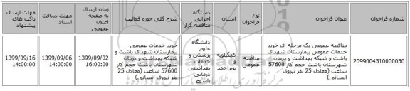 مناقصه عمومی یک مرحله ای خرید خدمات عمومی بیمارستان شهدای باشت و شبکه بهداشت و درمان شهرستان باشت  حجم کار 57600 ساعت (معادل 25 نفر نیروی انسانی)