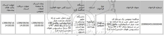 مناقصه عمومی یک مرحله ای خرید،حمل، نصب و راه اندازی دو عدد چیلر اسکروظرفیت واقعی 140 تن در شرایط دمای 47 تا 54 درجه سلسیوس هوای خارجی(حاره ای)