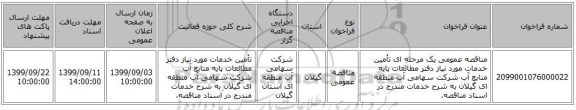 مناقصه عمومی یک مرحله ای تأمین خدمات مورد نیاز دفتر مطالعات پایه منابع آب شرکت سهامی آب منطقه ای گیلان به  شرح خدمات مندرج در اسناد مناقصه.