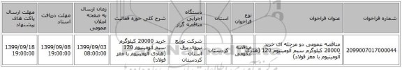 مناقصه عمومی دو مرحله ای خرید 20000 کیلوگرم سیم آلومینیوم 120  (هادی آلومینیوم با مغز فولاد)