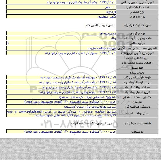 خرید ۲۰۰۰۰ کیلوگرم سیم آلومینیوم ۱۲۰  (هادی آلومینیوم با مغز فولاد)