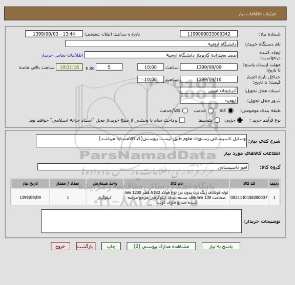 استعلام وسایل تاسیساتی رستوران علوم طبق لیست پیوستی(کدکالامشابه میباشد)