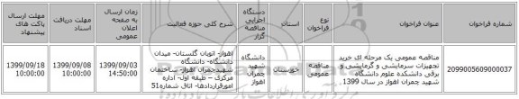 مناقصه عمومی یک مرحله ای خرید تجهیزات سرمایشی و گرمایشی و برقی دانشکده علوم دانشگاه شهید چمران اهواز در سال 1399