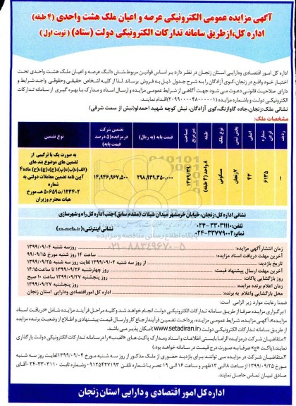 مزایده مزایده فروش عرصه  اعیان ملک هشت واحدی نوبت اول 