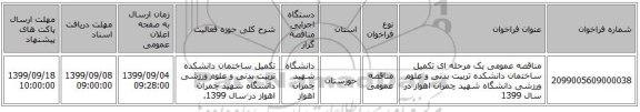 مناقصه عمومی یک مرحله ای تکمیل ساختمان دانشکده تربیت بدنی و علوم ورزشی دانشگاه شهید چمران اهواز در سال 1399