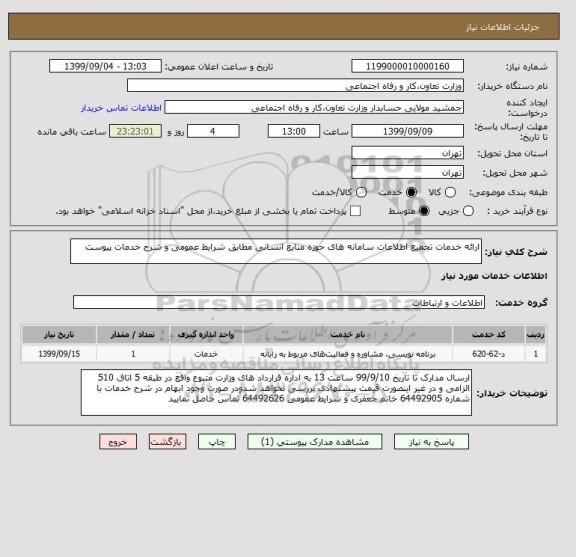 استعلام ارائه خدمات تجمیع اطلاعات سامانه های حوزه منابع انسانی مطابق شرایط عمومی و شرح خدمات پیوست