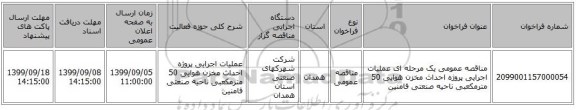 مناقصه عمومی یک مرحله ای عملیات اجرایی پروژه احداث مخزن هوایی 50 مترمکعبی ناحیه صنعتی فامنین