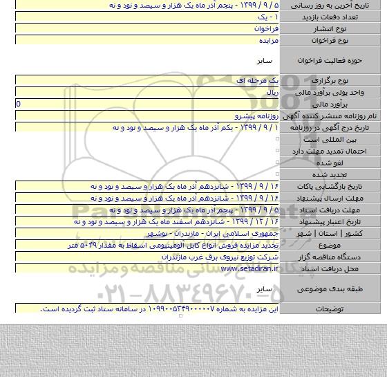 تجدید مزایده فروش انواع کابل آلومینیومی اسقاط  به مقدار  ۵۰۴۹ متر