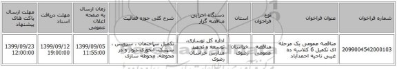 مناقصه عمومی یک مرحله ای تکمیل 6 کلاسه ده غیبی ناحیه احمدآباد 