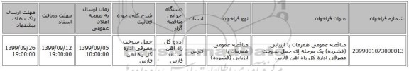 مناقصه عمومی همزمان با ارزیابی (فشرده) یک مرحله ای حمل سوخت مصرفی اداره کل راه آهن فارس