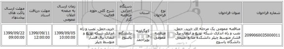 مناقصه عمومی یک مرحله ای خرید، حمل، نصب و راه اندازی شبکه توزیع و انتقال برق فشار متوسط چیلر دانشکده منابع طبیعی دانشگاه یاسوج