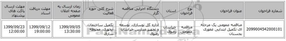 مناقصه عمومی یک مرحله ای تکمیل ابتدایی غفوری بجستان 