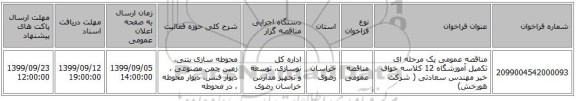 مناقصه عمومی یک مرحله ای تکمیل آموزشگاه 12 کلاسه خواف خیر مهندس سعادتی ( شرکت هورخش) 