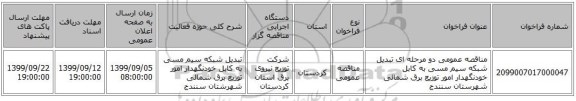 مناقصه عمومی دو مرحله ای تبدیل شبکه سیم مسی به کابل خودنگهدار امور توزیع برق شمالی شهرستان سنندج