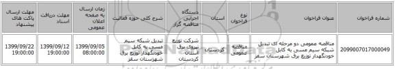 مناقصه عمومی دو مرحله ای تبدیل شبکه سیم مسی به کابل خودنگهدار توزیع برق شهرستان سقز