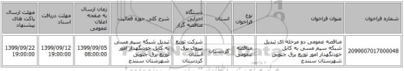 مناقصه عمومی دو مرحله ای تبدیل شبکه سیم مسی به کابل خودنگهدار امور توزیع برق جنوبی شهرستان سنندج