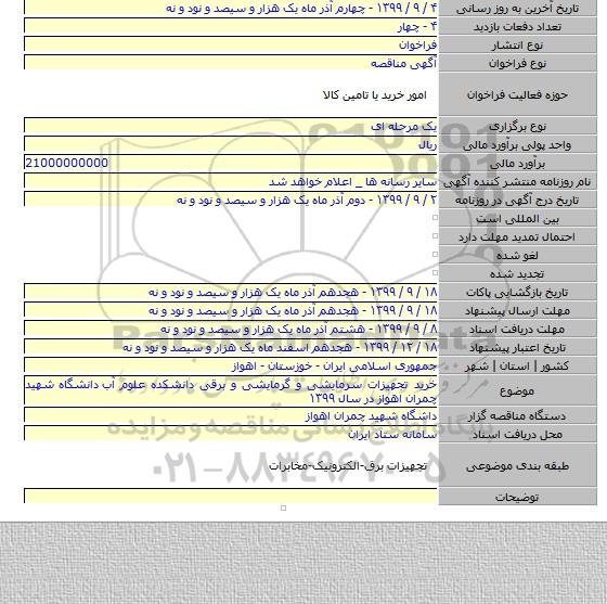 خرید تجهیزات سرمایشی و گرمایشی و برقی دانشکده علوم آب  دانشگاه شهید چمران اهواز  در سال ۱۳۹۹