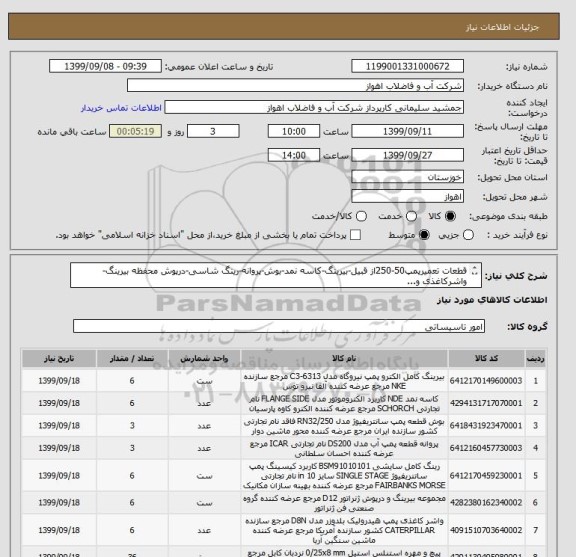 استعلام قطعات تعمیرپمپ50-250از قبیل-بیرینگ-کاسه نمد-بوش-پروانه-رینگ شاسی-درپوش محفظه بیرینگ-واشرکاغذی و...
از ایران کد مشابه استفاده شده است. 