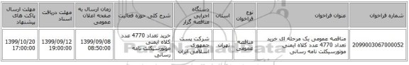 مناقصه عمومی یک مرحله ای خرید تعداد 4770 عدد کلاه ایمنی موتورسیکلت نامه رسانی