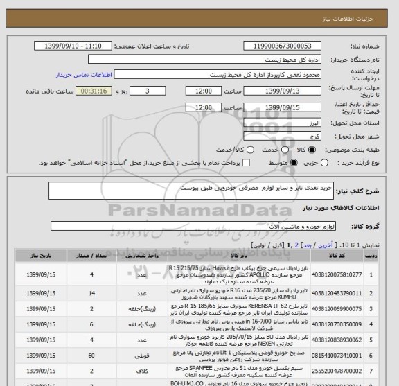 استعلام خرید نقدی تایر و سایر لوازم  مصرفی خودرویی طبق پیوست