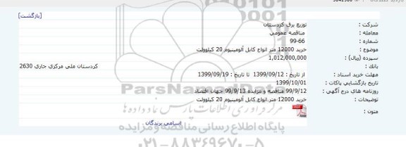 مناقصه عمومی, مناقصه خرید 12000 متر انواع کابل آلومینیوم 20 کیلوولت 