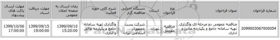 مناقصه عمومی دو مرحله ای واگذاری تهیه سامانه جامع و یکپارچه مالی و اداری