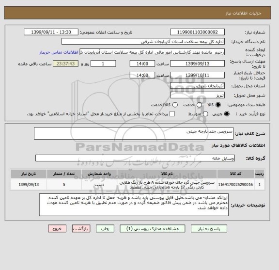 استعلام سرویس چند پارچه چینی