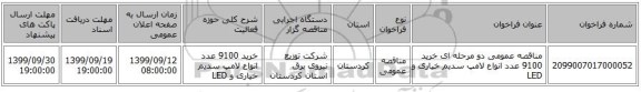 مناقصه عمومی دو مرحله ای خرید 9100 عدد انواع لامپ سدیم خیاری و LED  