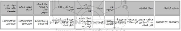 مناقصه عمومی دو مرحله ای خرید 8 دستگاه رکلوزر گازی  630A  با تابلو کنترل و کابل اتصال  