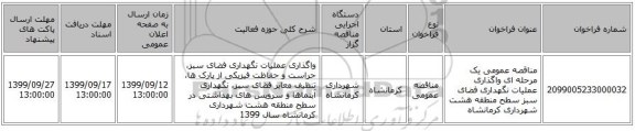 مناقصه عمومی یک مرحله ای واگذاری عملیات نگهداری فضای سبز سطح منطقه هشت شهرداری کرمانشاه