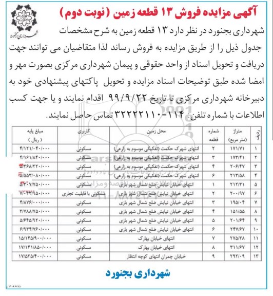 مزایده مزایده فروش 13 قطعه زمین مسکونی نوبت دوم 