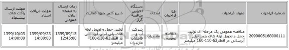 مناقصه عمومی یک مرحله ای تولید، حمل و تحویل لوله های پلی اتیلن آبرسانی در اقطار63-110-160 میلیمتر