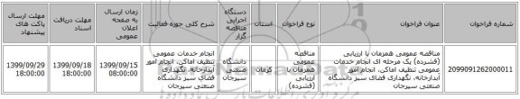 مناقصه عمومی همزمان با ارزیابی (فشرده) یک مرحله ای انجام خدمات عمومی تنظیف اماکن، انجام امور آبدارخانه، نگهداری فضای سبز دانشگاه صنعتی سیرجان