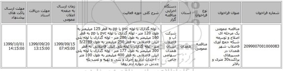 مناقصه عمومی یک مرحله ای اصلاح و توسعه شبکه جمع آوری  فاضلاب شهر همدان در مسیرهای پراکنده30 متری و بالاتر