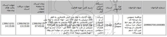 مناقصه عمومی یک مرحله ای اجرای فاز دوم خط انتقال جدا سازی فاضلاب از رودخانه عین آباد شهر تویسرکان