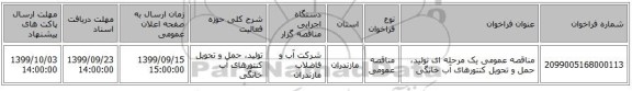 مناقصه عمومی یک مرحله ای تولید، حمل و تحویل کنتورهای آب خانگی