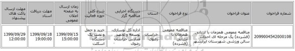 مناقصه عمومی همزمان با ارزیابی (فشرده) یک مرحله ای احداث سالن ورزشی شهرستان  ایرانشهر