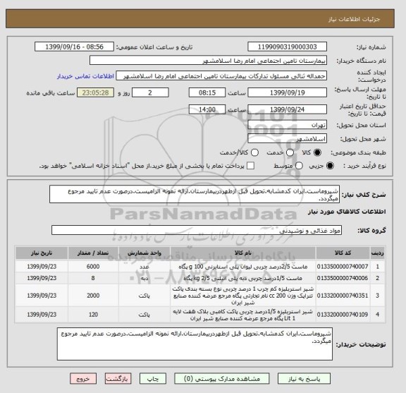 استعلام شیروماست.ایران کدمشابه.تحویل قبل ازطهردربیمارستان.ارائه نمونه الزامیست.درصورت عدم تایید مرجوع میگردد.