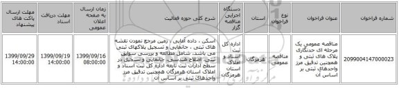 مناقصه عمومی یک مرحله ای حدنگاری پلاک های ثبتی و همچنین تدقیق مرز واحدهای ثبتی بر اساس آن 