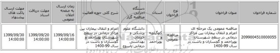 مناقصه عمومی یک مرحله ای اعزام و انتقال بیماران بین مراکز درمانی در سطح شهرستان بویراحمد و گچساران و باشت در سال 99-1400