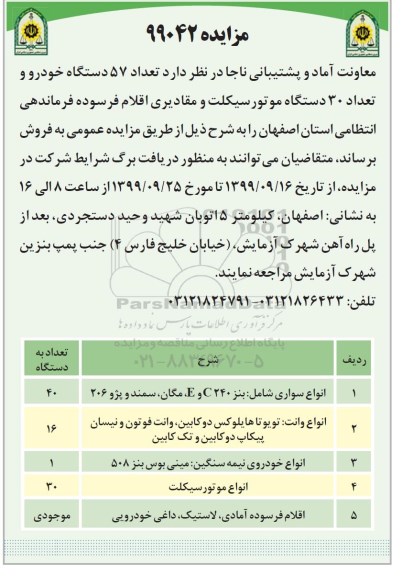 مزایده، مزایده فروش تعداد 57 دستگاه خودرو، تعداد 30 دستگاه موتورسیکلت و مقادیری اقلام فرسوده 