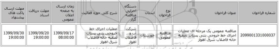 مناقصه عمومی یک مرحله ای عملیات اجرای خط خروجی بتنی پساب تصفیه خانه فاضلاب شرق اهواز  