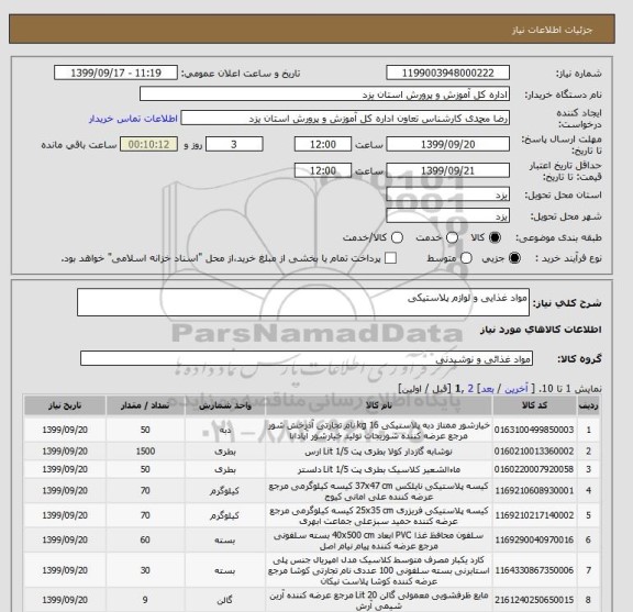 استعلام مواد غذایی و لوازم پلاستیکی