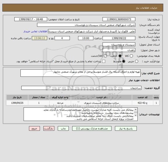 استعلام تهیه لوازم و اجرای شبکه برق فشار متوسط برخی از معابر شهرک صنعتی چابهار