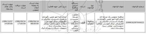 مناقصه عمومی یک مرحله ای انجام کلیه امور تعمیر،  نگهداری و راهبری تاسیسات مکانیکی و الکترونیکی مراکز آموزشی درمانی شهیدرجایی، بوعلی سینا، بیمارستان شف