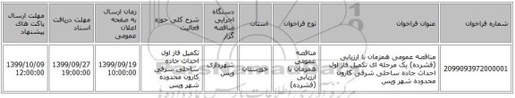 مناقصه عمومی همزمان با ارزیابی (فشرده) یک مرحله ای تکمیل فاز اول احداث جاده ساحلی شرقی کارون محدوده شهر ویس