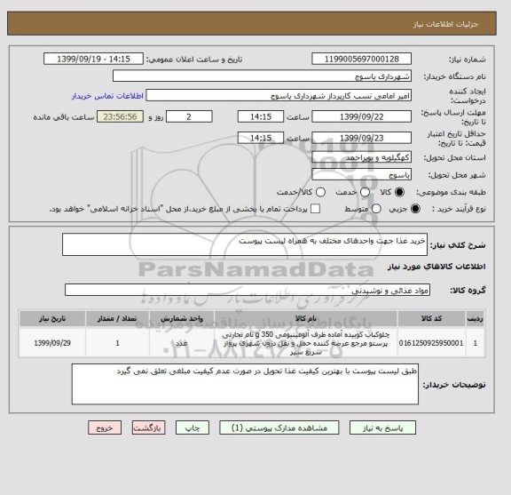 استعلام خرید غذا جهت واحدهای مختلف به همراه لیست پیوست