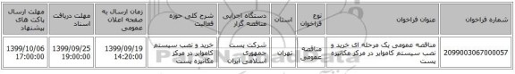 مناقصه عمومی یک مرحله ای خرید و نصب سیستم کاموایر در مرکز مکانیزه پست