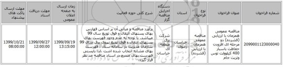 مناقصه عمومی همزمان با ارزیابی (فشرده) دو مرحله ای افزودن حفاظت باسبار 400 کیلوولت توس وتربت جام