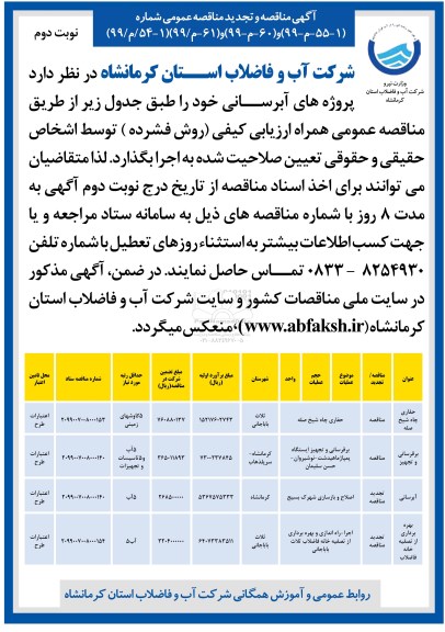 مناقصه و تجدید مناقصه پروژه های آبرسانی - نوبت دوم